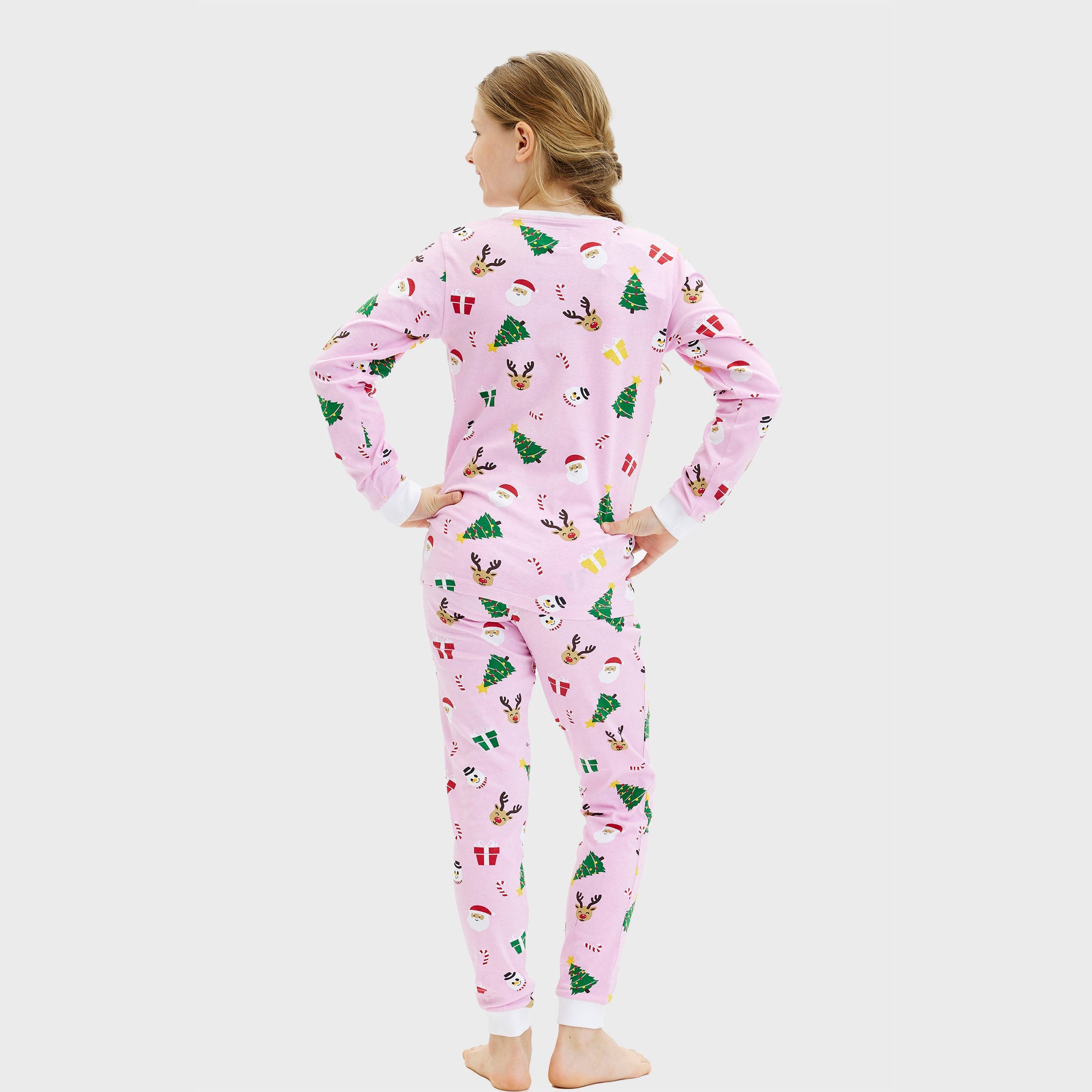 Rosa Weihnachtspyjama mit bunten Weihnachtsmotiven, langärmelig, Kindergröße, weihnachtspullover damen.